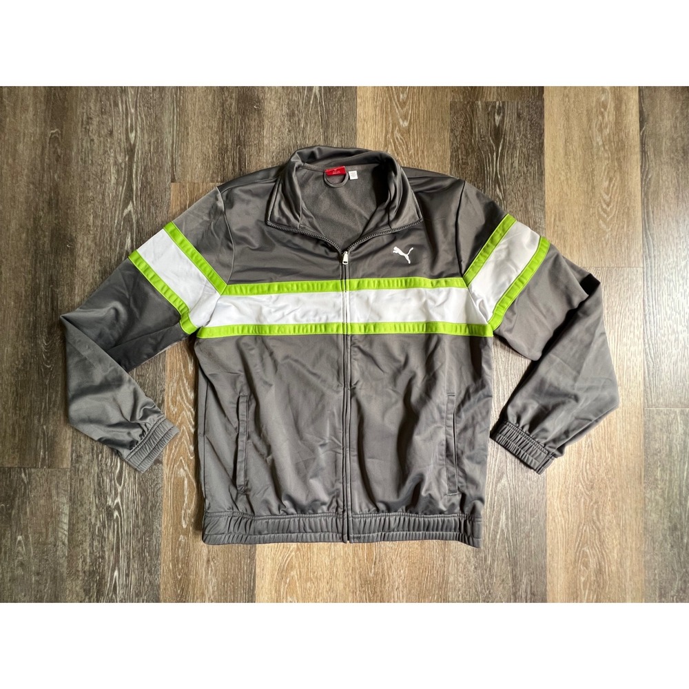 Puma Track Jacket Mens Size Medium Gray White Lime Green Full Zip Sportlifestyle
